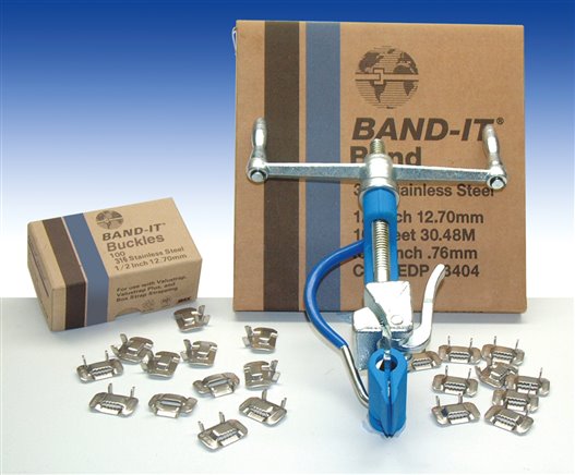 Zgleden uprizoritev: Band-It strap, Band-It buckles, assembly tool