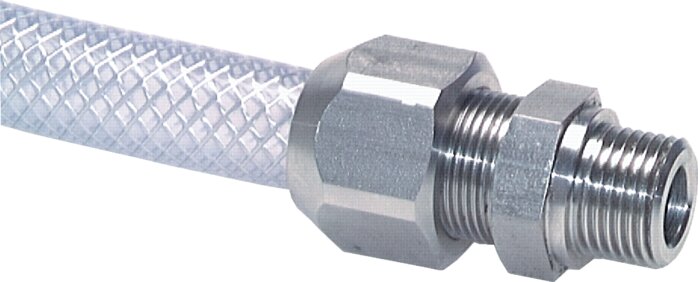 Exemplary representation: Straight screw-in fitting for fabric hose TX, cylindrical thread, 1.4571