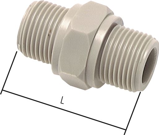 Zgleden uprizoritev: Double nipple with cylindrical thread, polypropylene