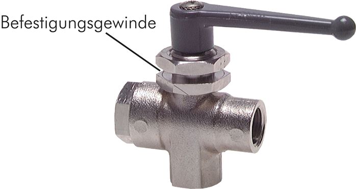 Exemplary representation: 3-way ball valve, vertical, with mounting thread, L-bore