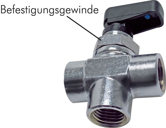 Exemplary representation: 3-way ball valve, vertical, with mounting thread (compact)