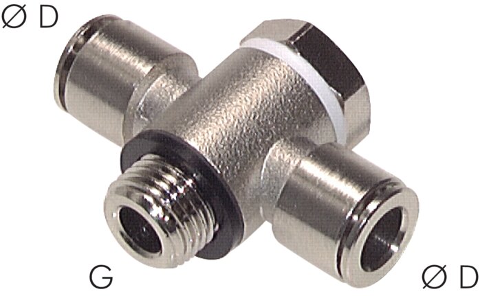 Exemplary representation: T-swivel push-in fitting with banjo bolt, series C, nickel-plated brass