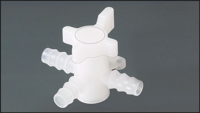 Exemplary representation: 3-way hose valve (T-bore) made of PVDF