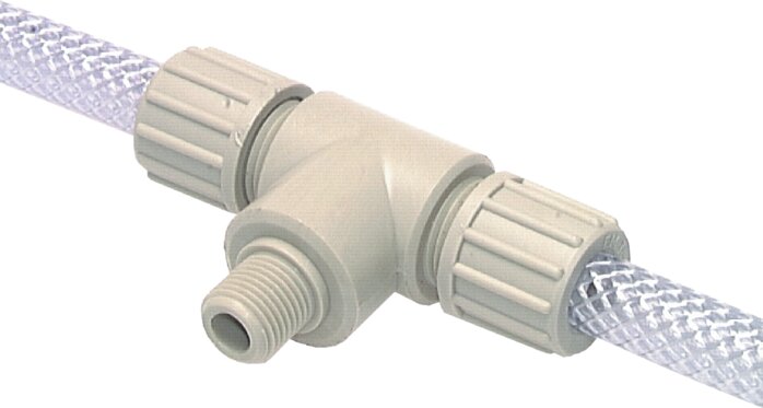 Exemplary representation: T-screw-in fitting for fabric hose TX with cylindrical thread, polypropylene