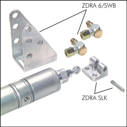 Zgleden uprizoritev: ZDRA 6/SWB (Swivel fastening with angled screwed pipe joint), ZDRA SLK (swivel bearing for piston rod)